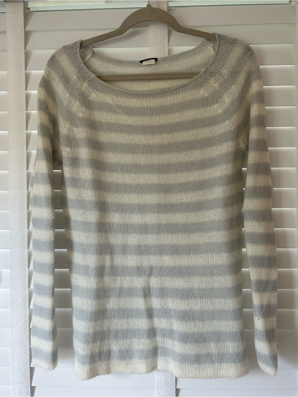 J Crew Sweater Boatneck Striped Cream Gray Wool Mohair Blend Medium